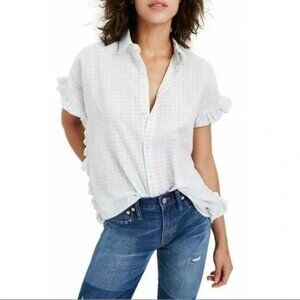 Madewell Womens Cream Blue Windowpane Check Ruffle Trim Button Shirt Size S